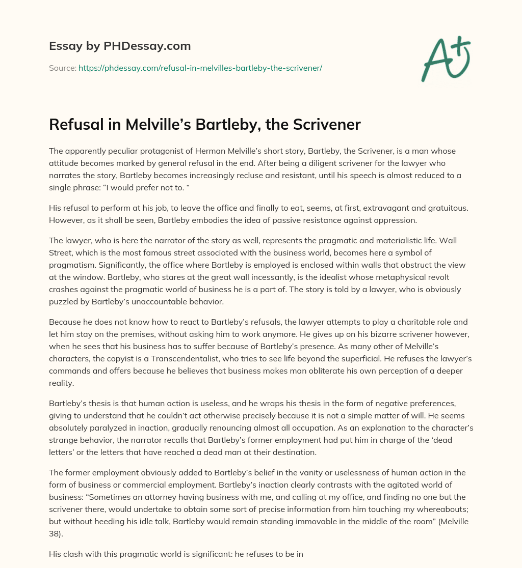 Refusal in Melville’s Bartleby, the Scrivener essay