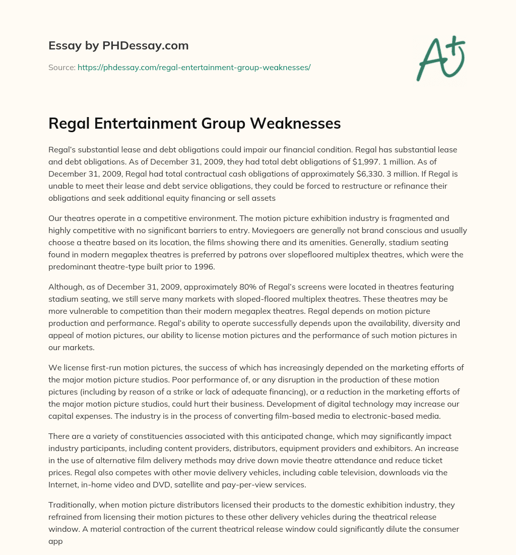 Regal Entertainment Group Weaknesses essay