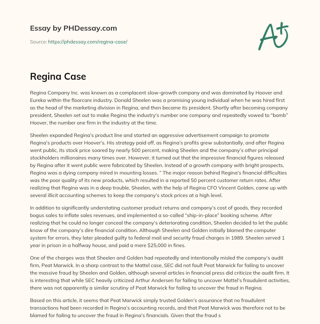 Heading: Regina Company’s Rise and Fall under Donald Sheelen’s Leadership essay