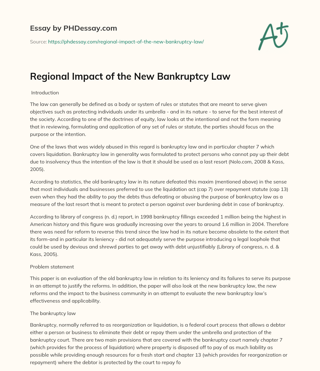 Regional Impact of the New Bankruptcy Law essay