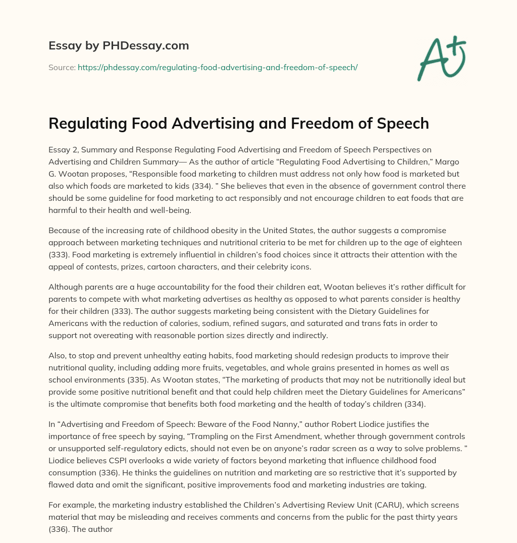 Regulating Food Advertising and Freedom of Speech essay