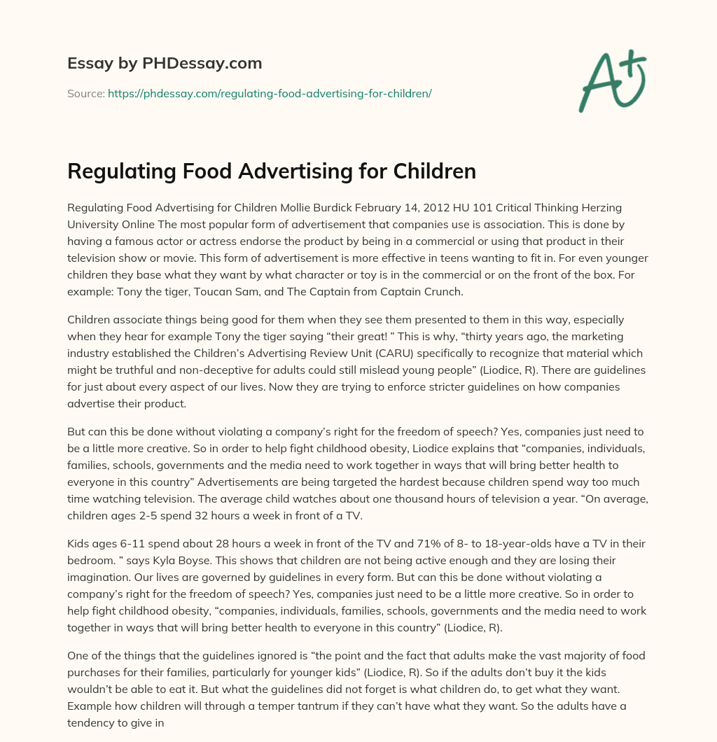 Regulating Food Advertising for Children essay