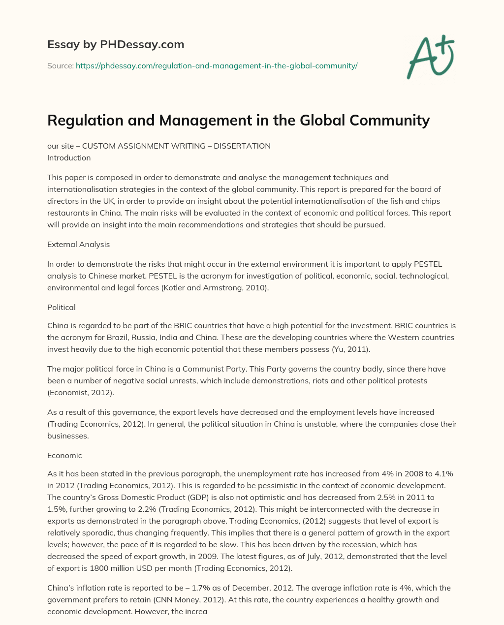 Regulation and Management in the Global Community essay
