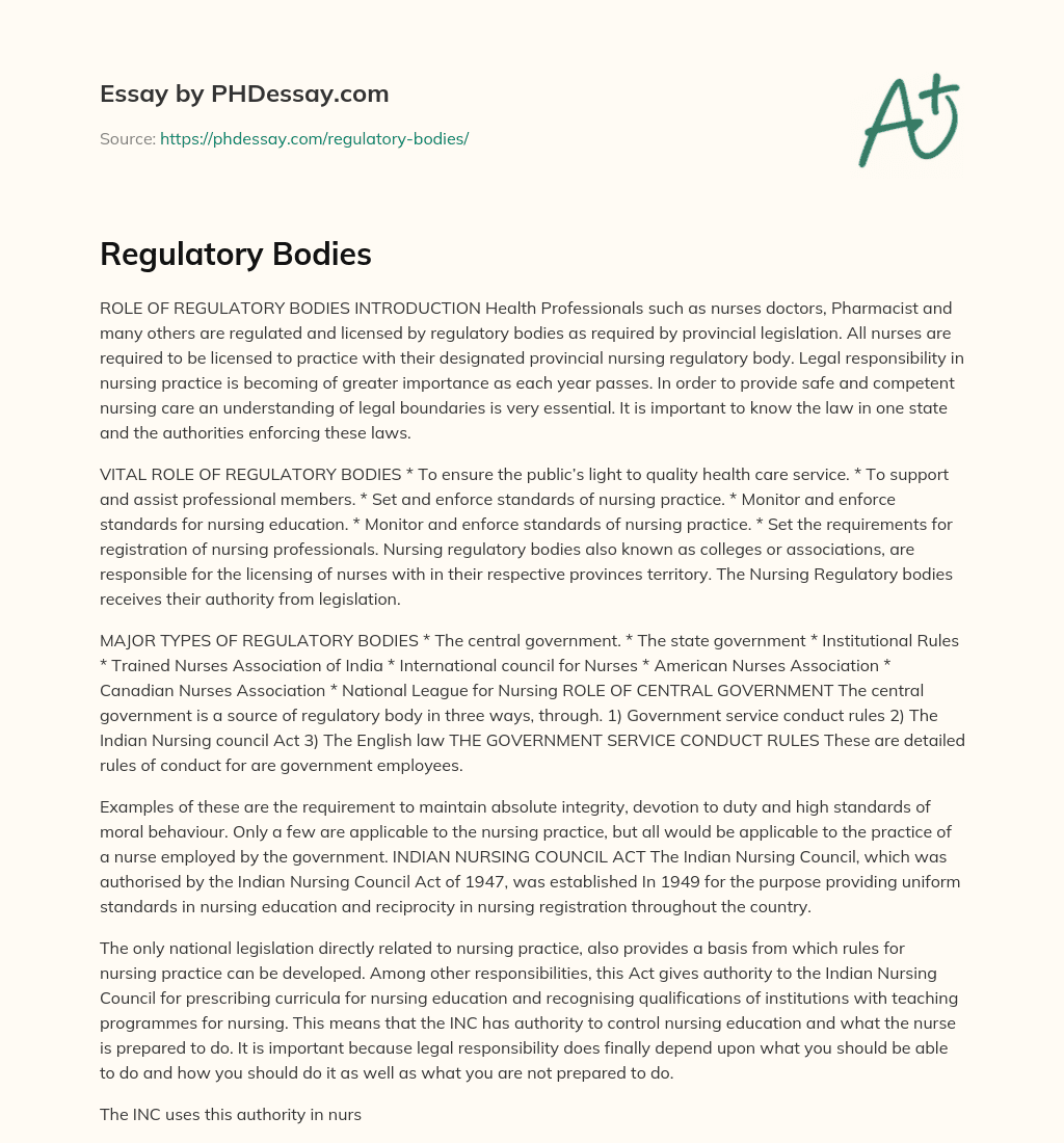 Regulatory Bodies essay