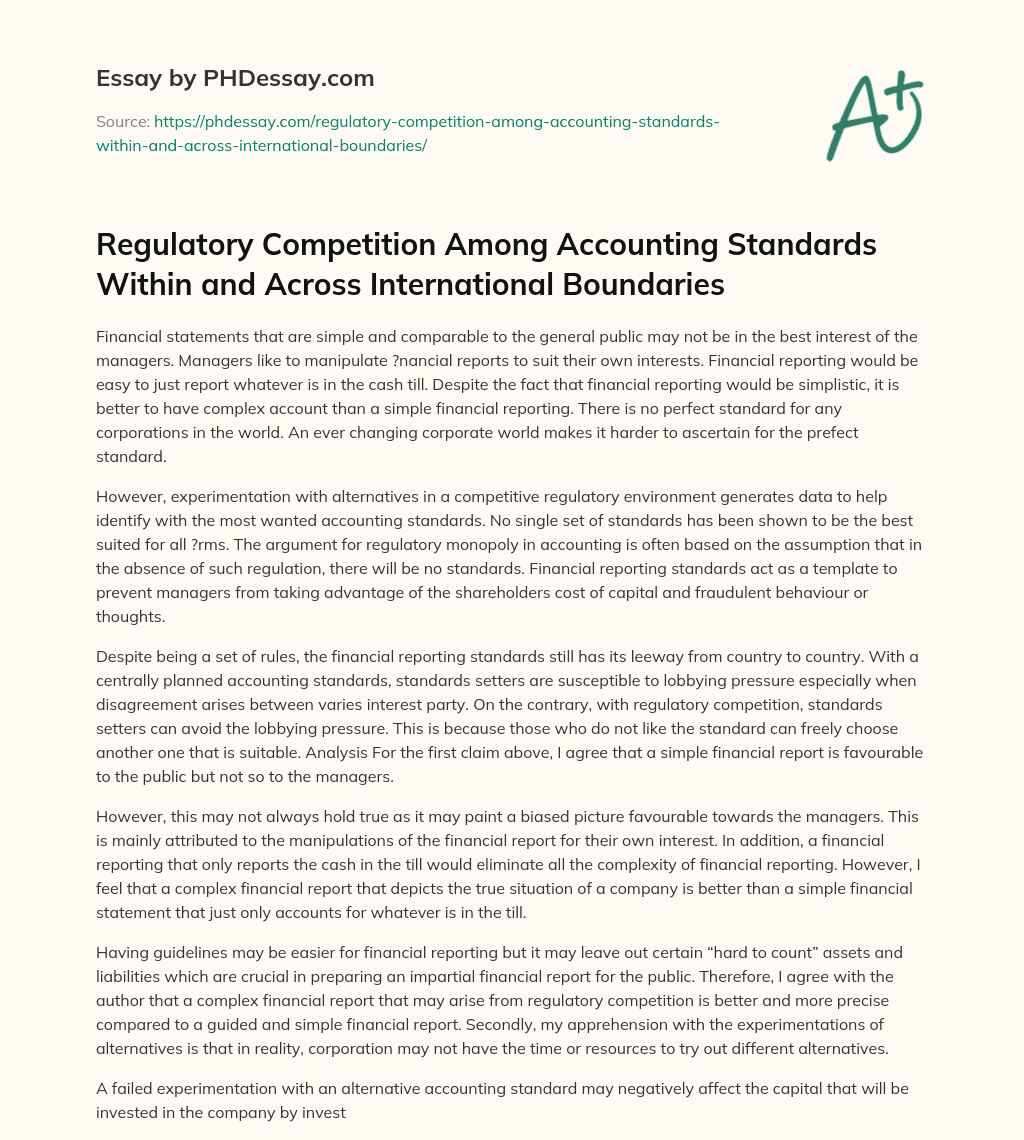 Regulatory Competition Among Accounting Standards Within and Across International Boundaries essay
