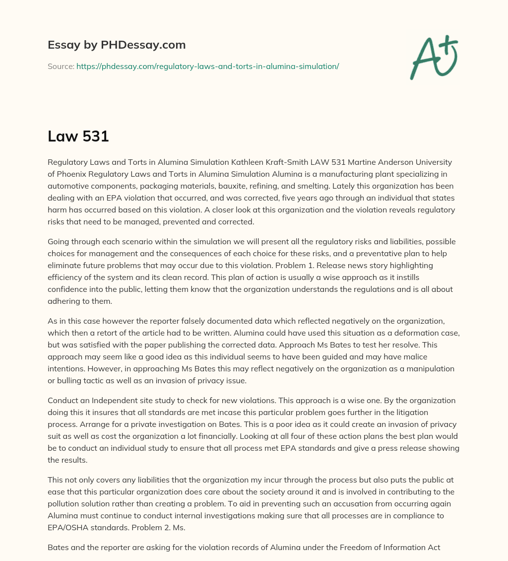 Regulatory Risks and Liabilities in Alumina Simulation essay