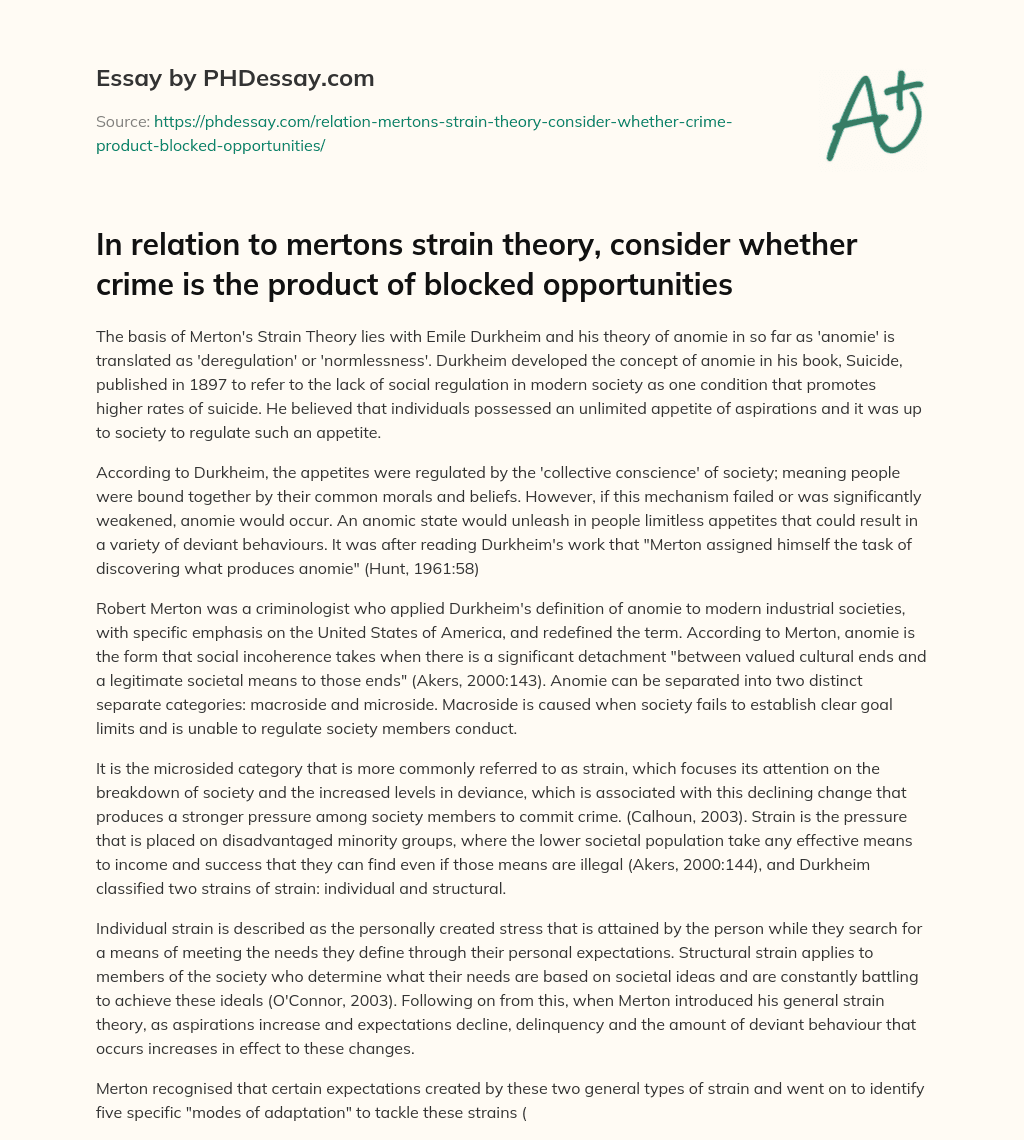 Merton’s Strain Theory and the Concept of Anomie in Modern Society essay