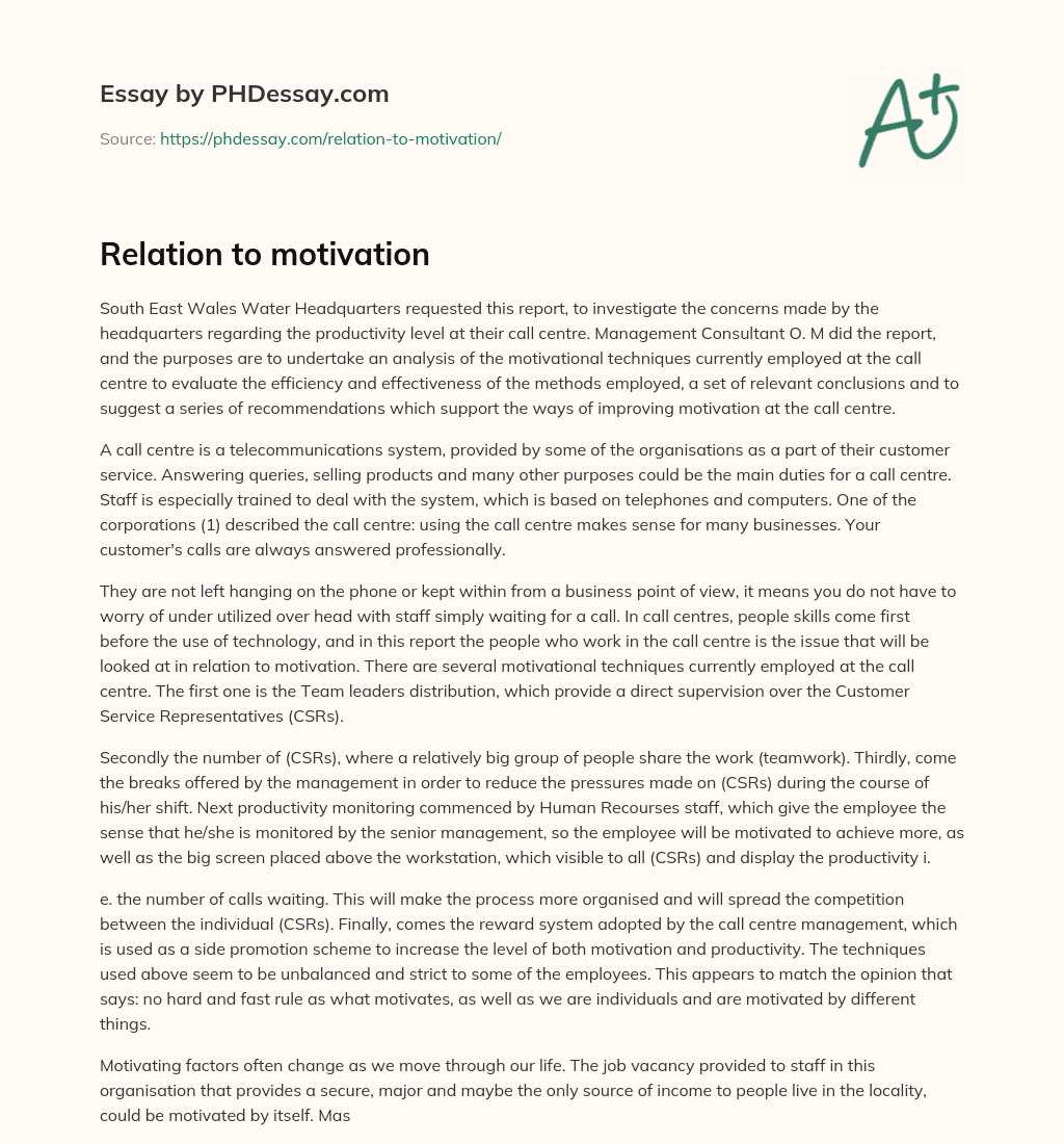 Report on Motivational Techniques at South East Wales Water Call Centre essay
