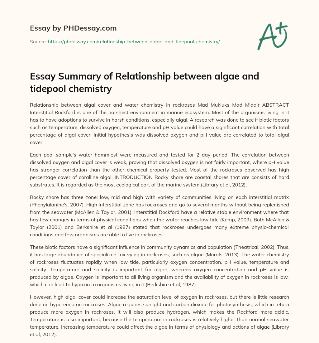 Essay Summary of Relationship between algae and tidepool chemistry essay