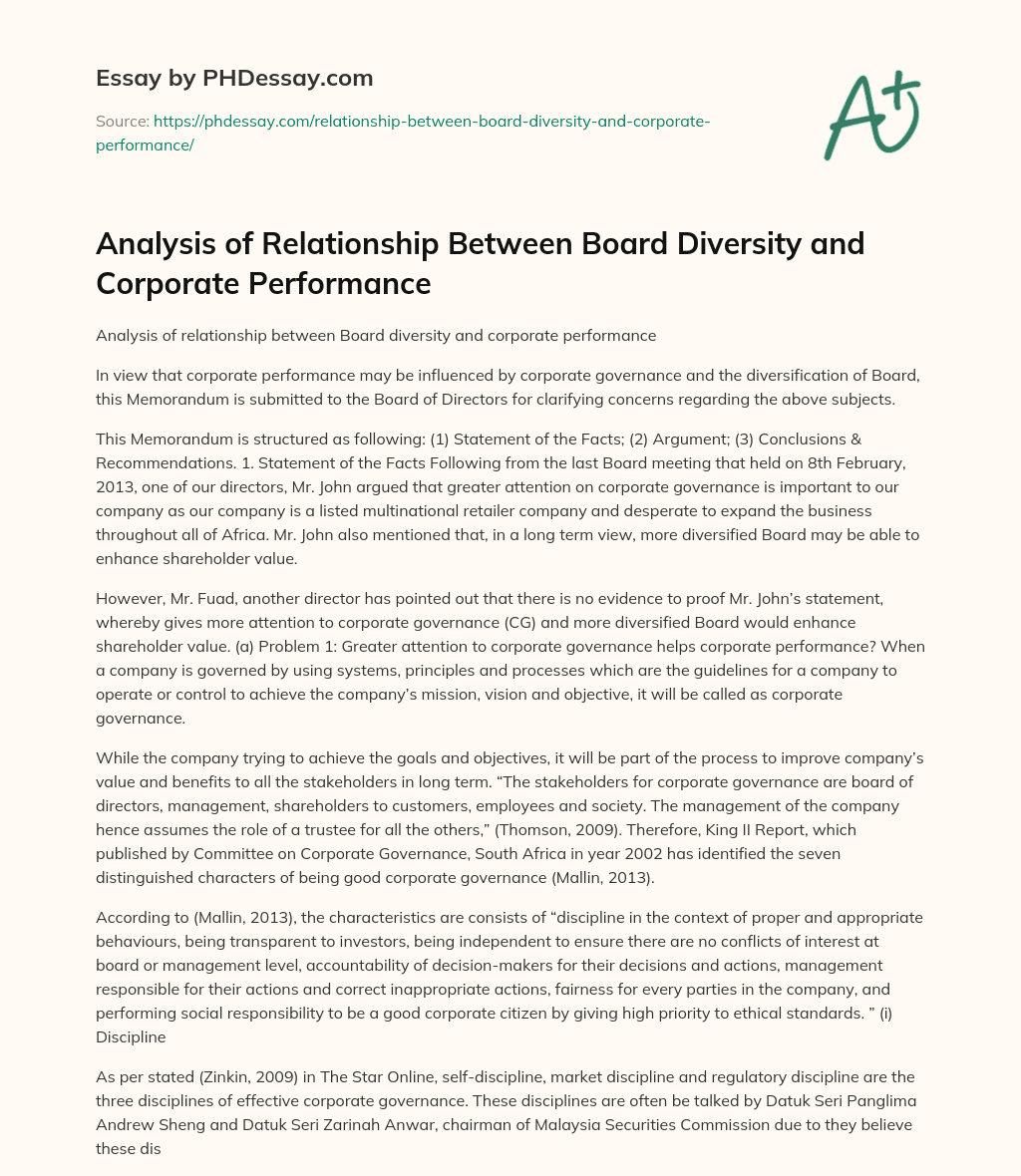 Analysis of Relationship Between Board Diversity and Corporate Performance essay