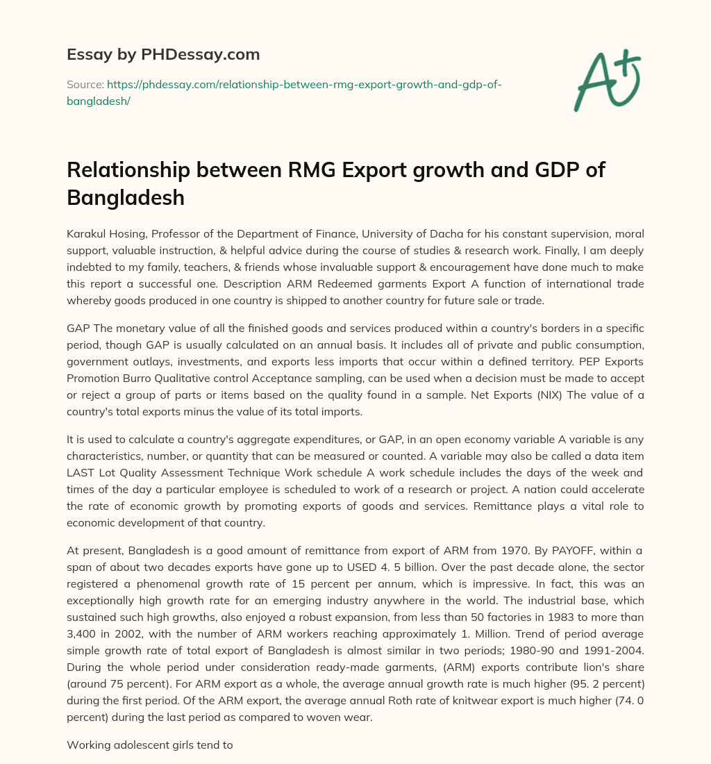 Relationship between RMG Export growth and GDP of Bangladesh essay