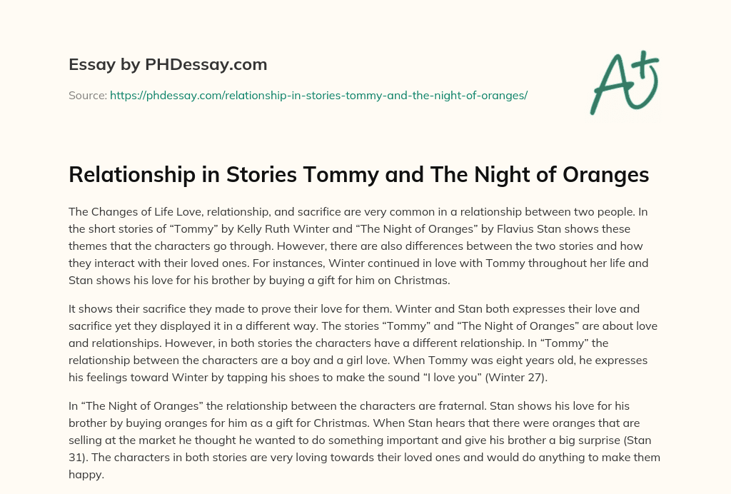 Relationship in Stories Tommy and The Night of Oranges essay