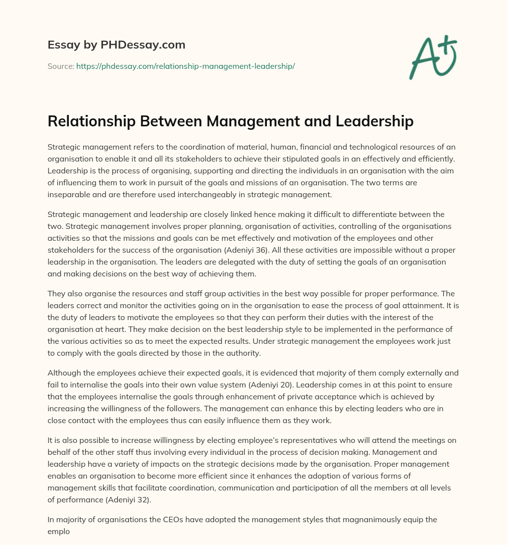 Relationship Between Management and Leadership essay