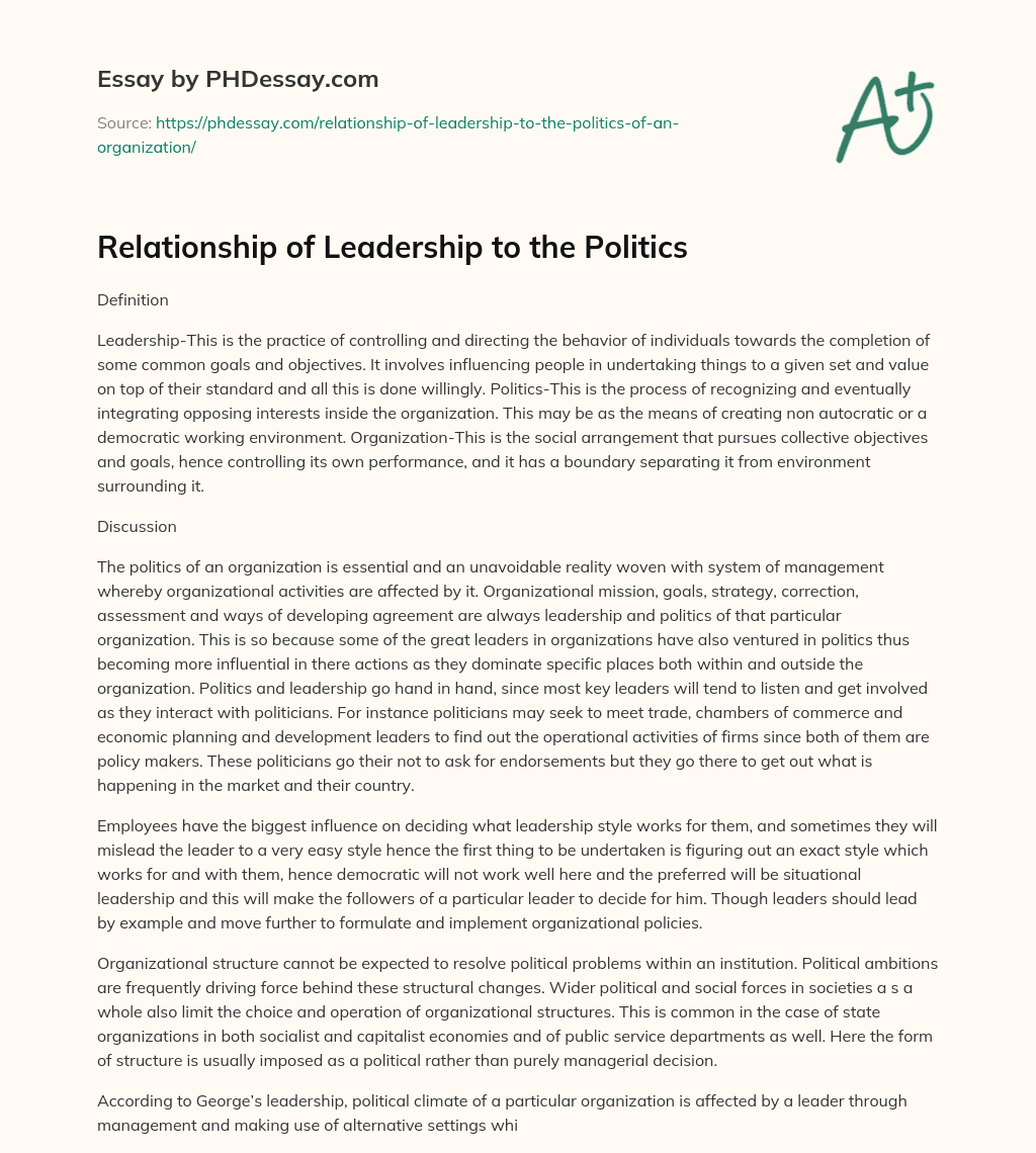 Relationship of Leadership to the Politics essay