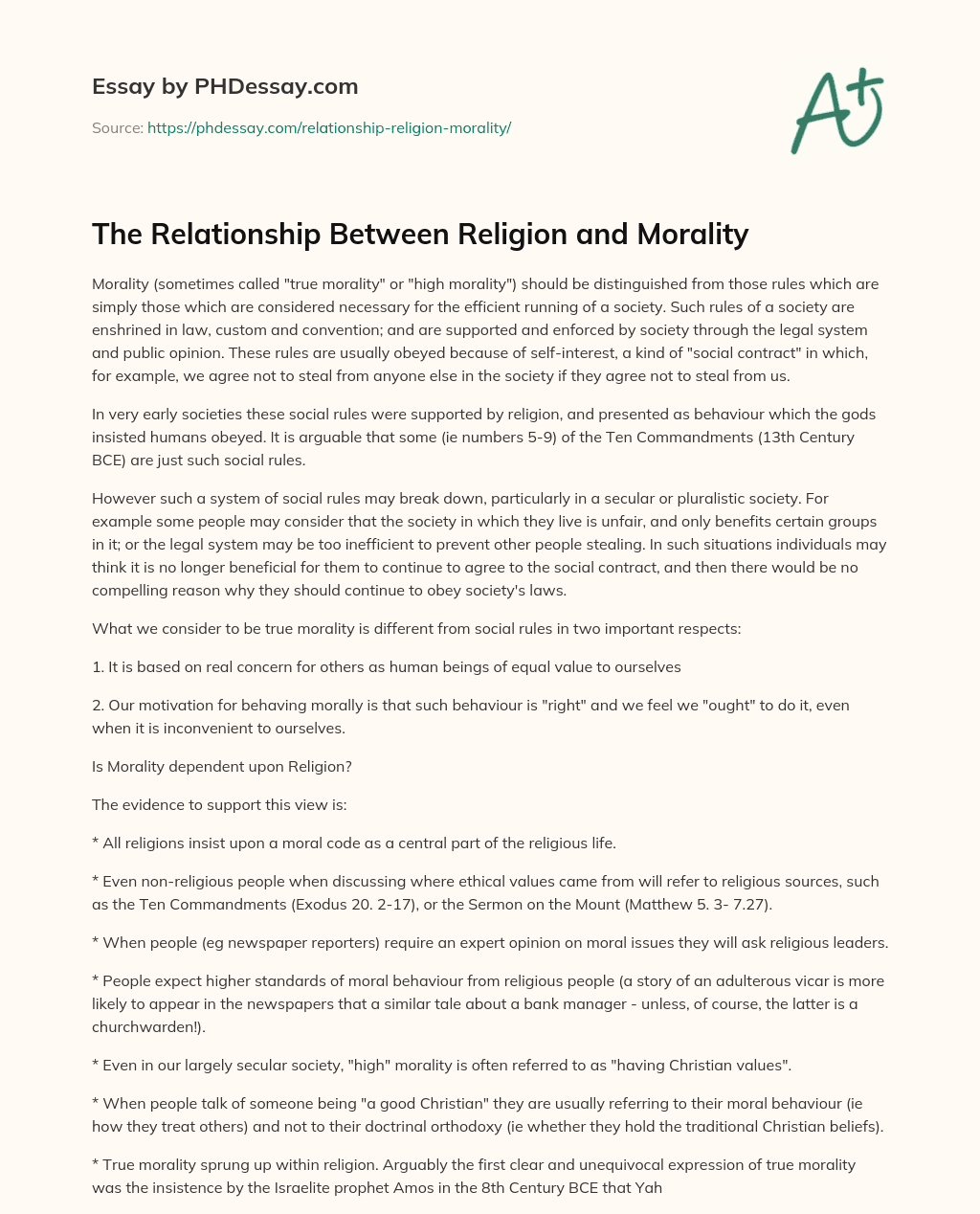 essay on religion influences ethics and morality