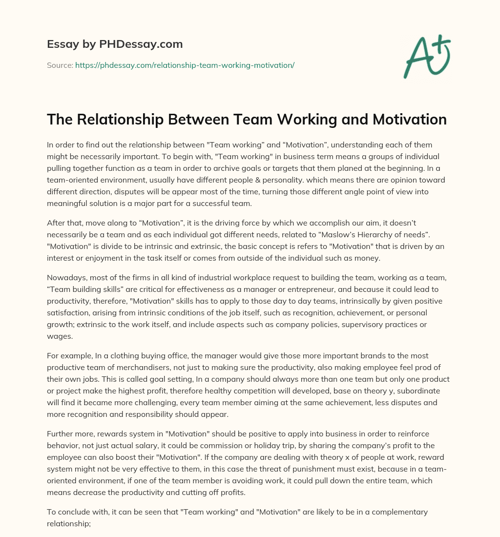 The Relationship Between Team Working and Motivation essay