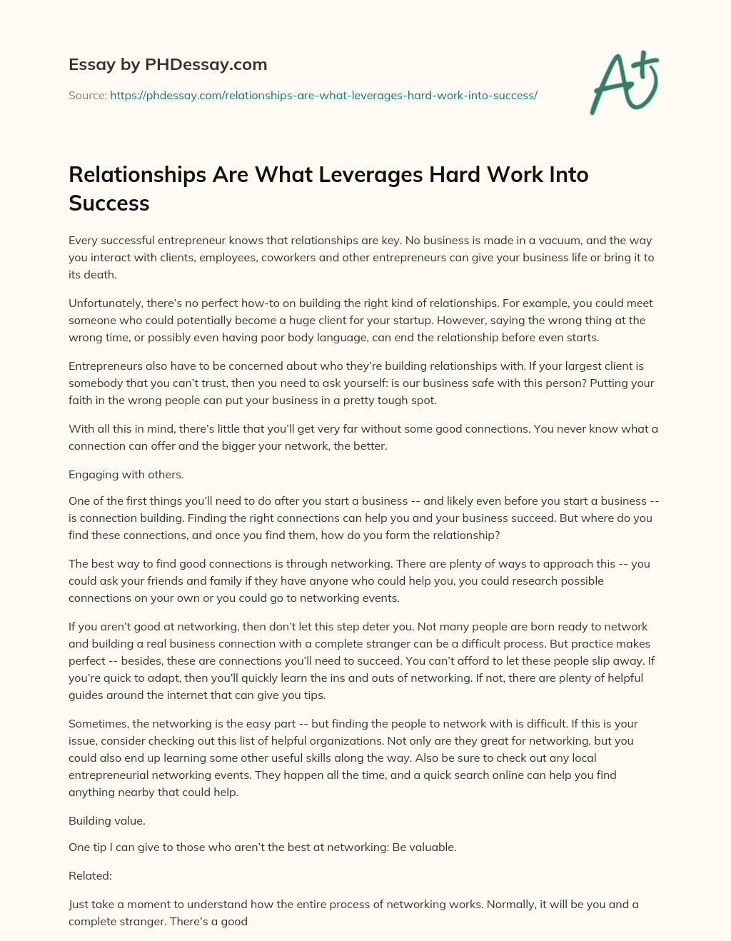 Relationships Are What Leverages Hard Work Into Success essay