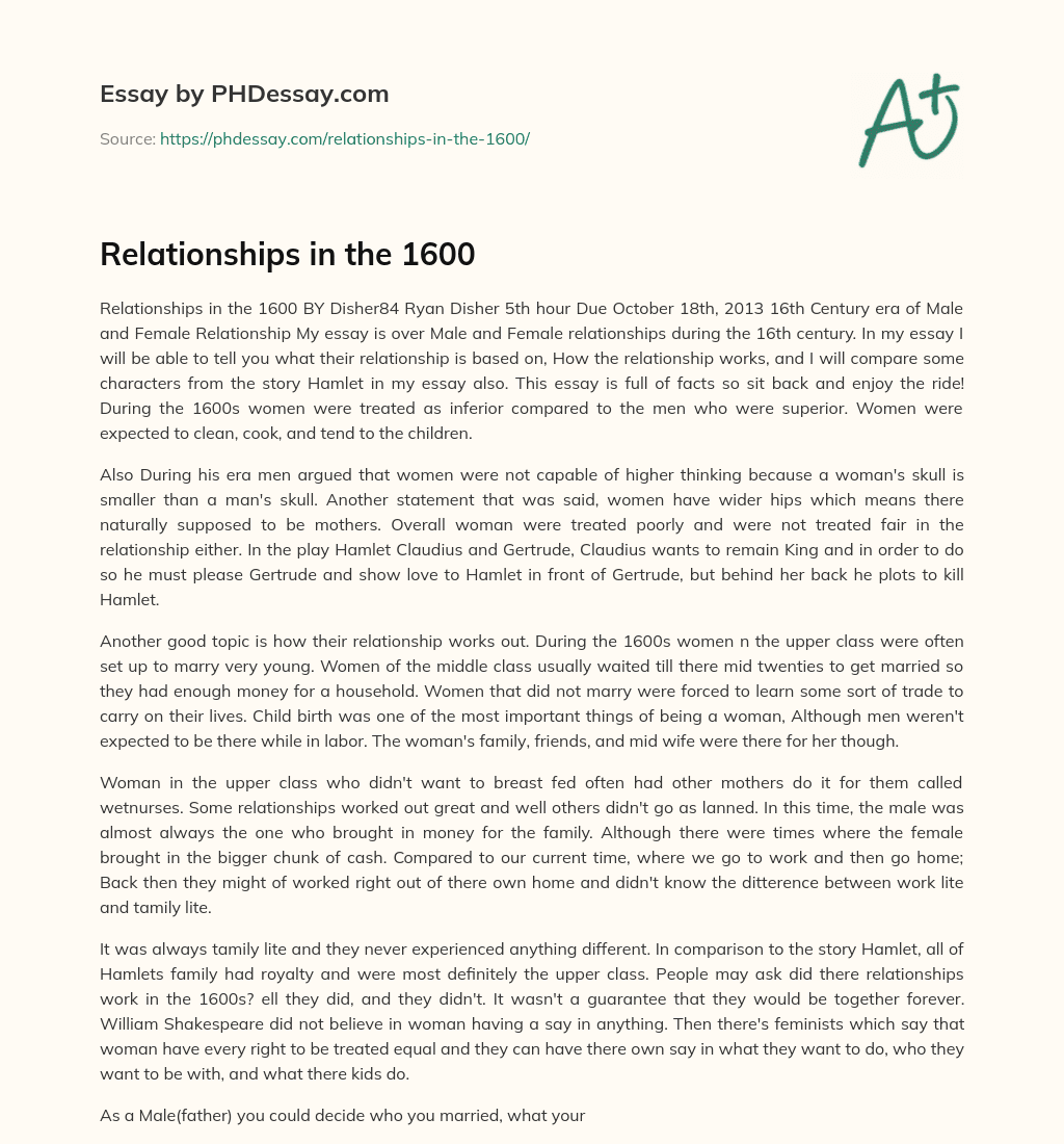 Relationships in the 1600 essay