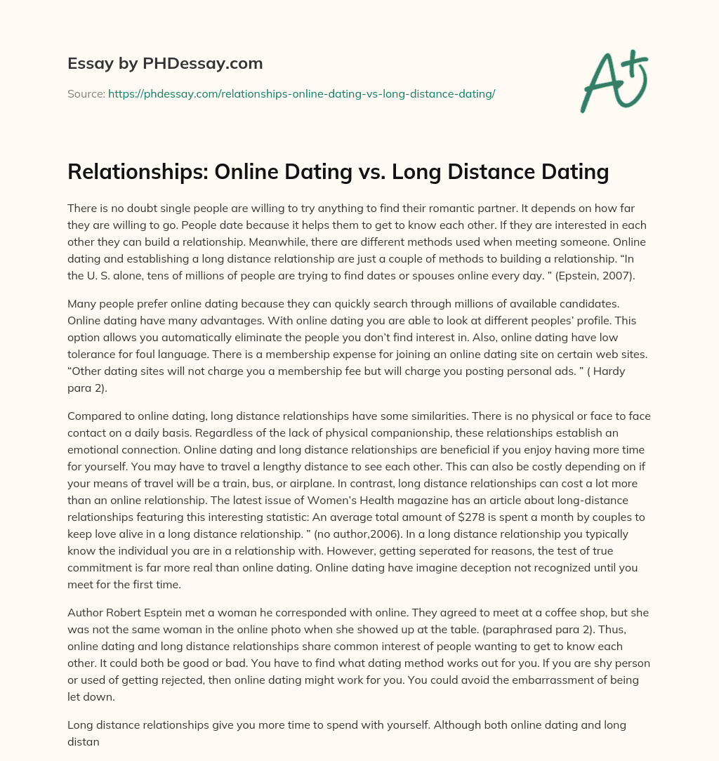 Relationships: Online Dating vs. Long Distance Dating essay