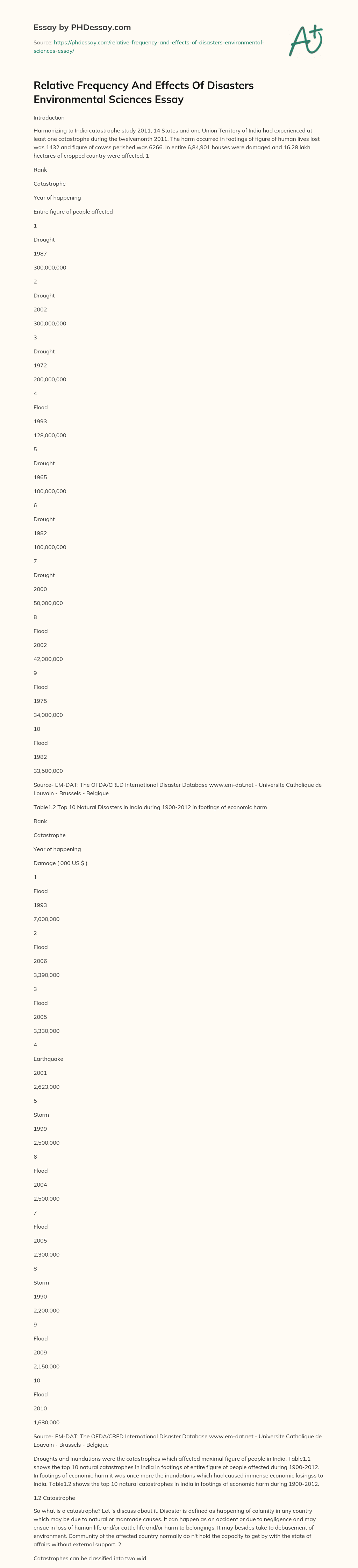 Relative Frequency And Effects Of Disasters Environmental Sciences Essay essay