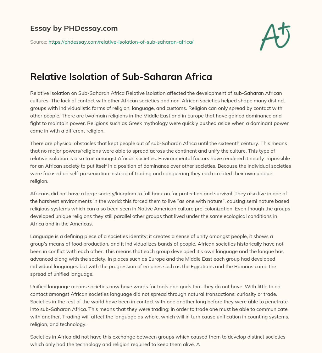 Relative Isolation of Sub-Saharan Africa essay
