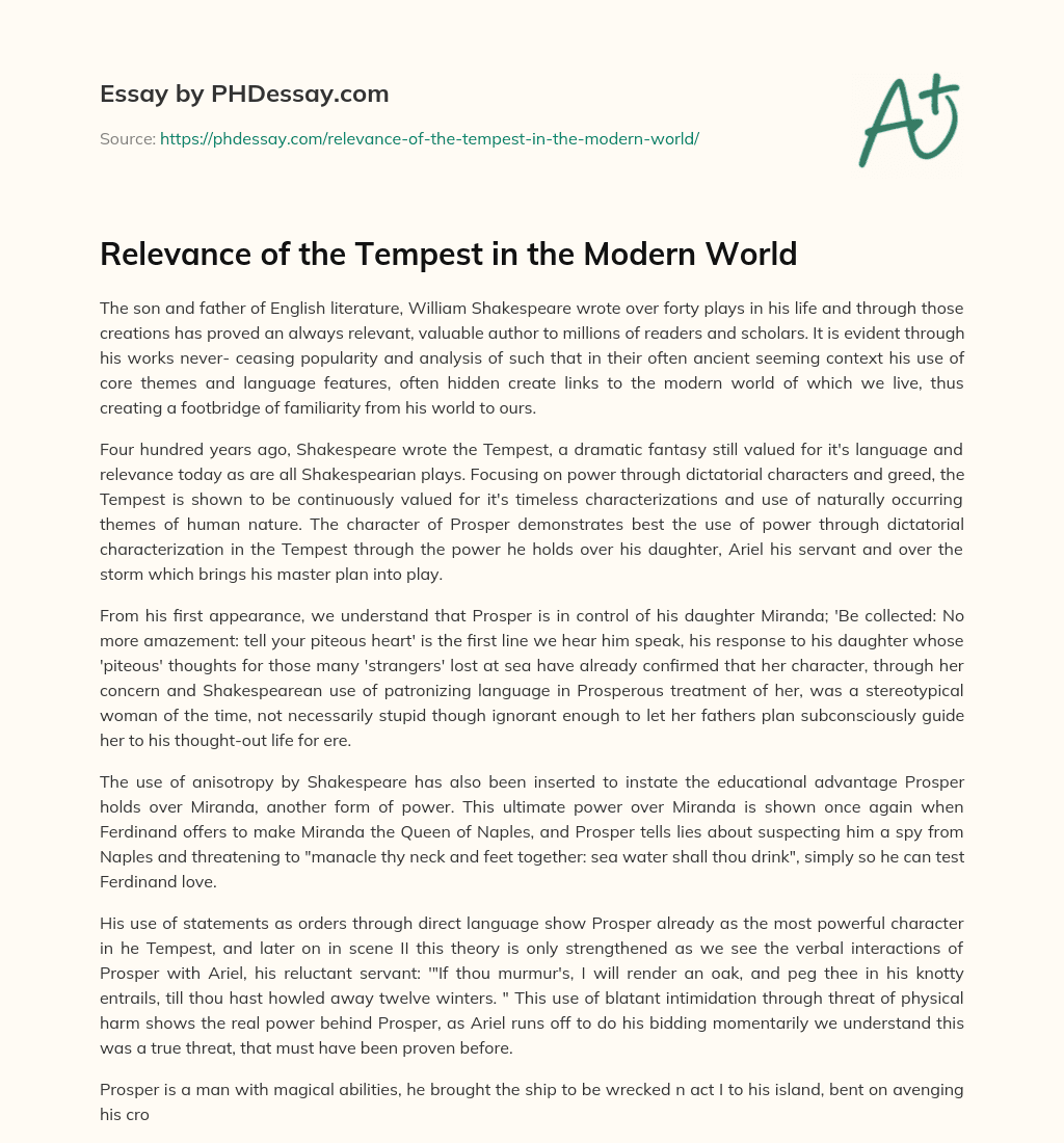 Relevance of the Tempest in the Modern World essay