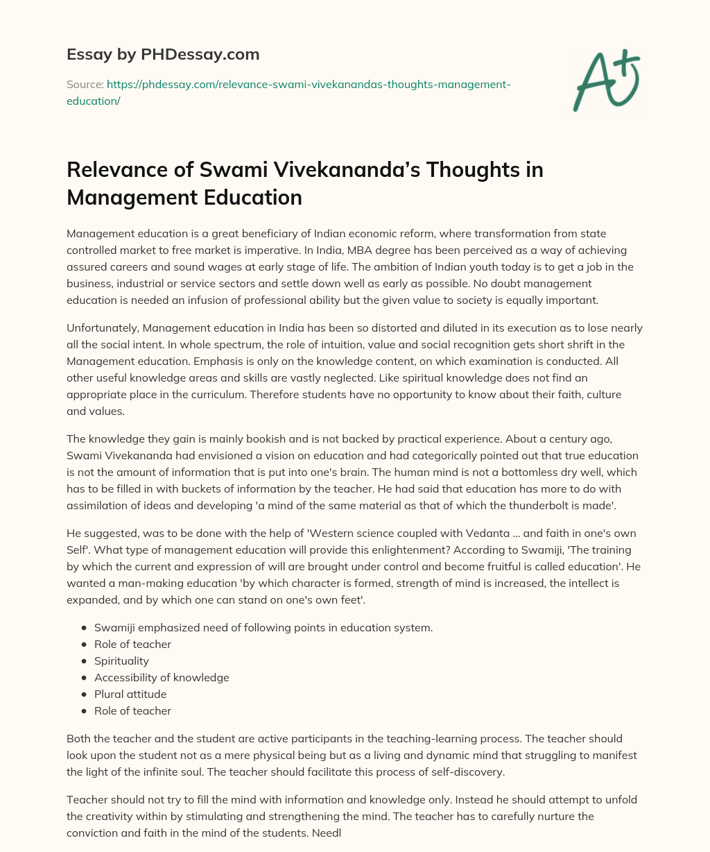 Relevance of Swami Vivekananda’s Thoughts in Management Education essay