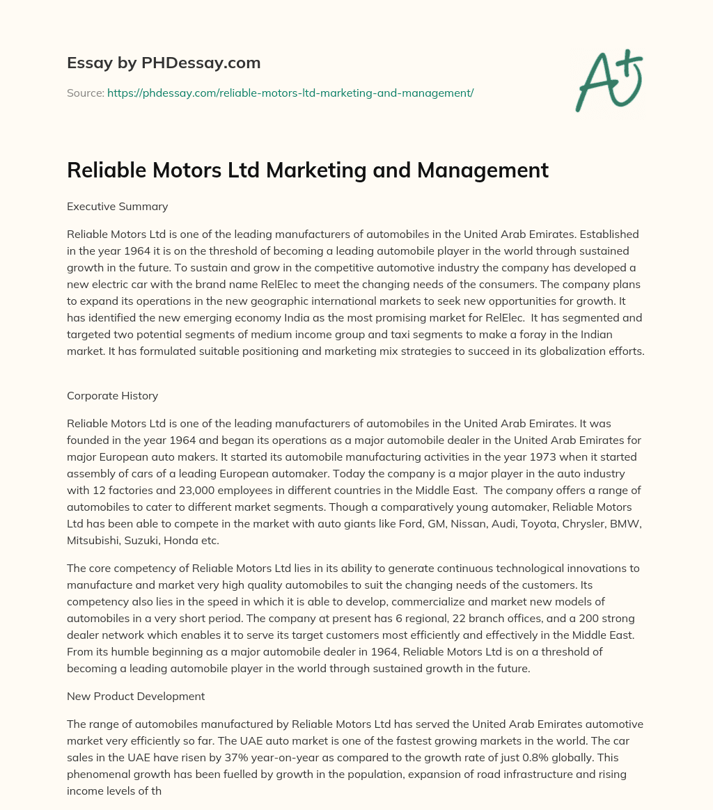 Reliable Motors Ltd Marketing and Management essay