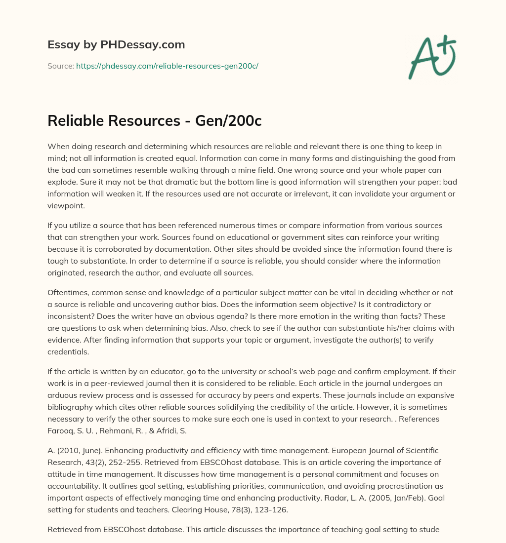 Reliable Resources – Gen/200c essay