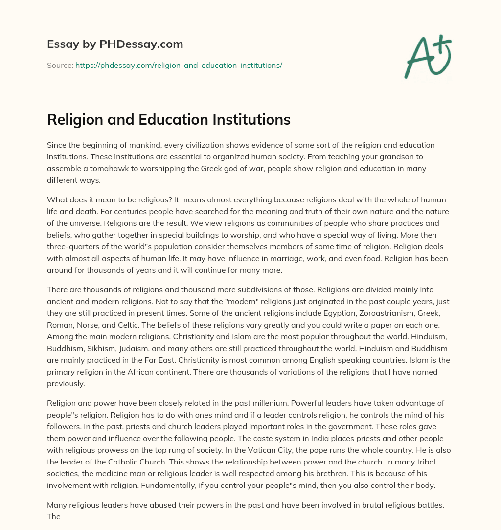 Religion and Education Institutions essay