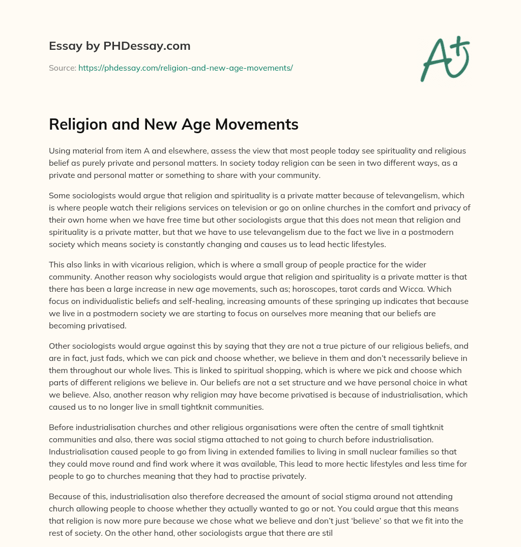 Religion and New Age Movements essay