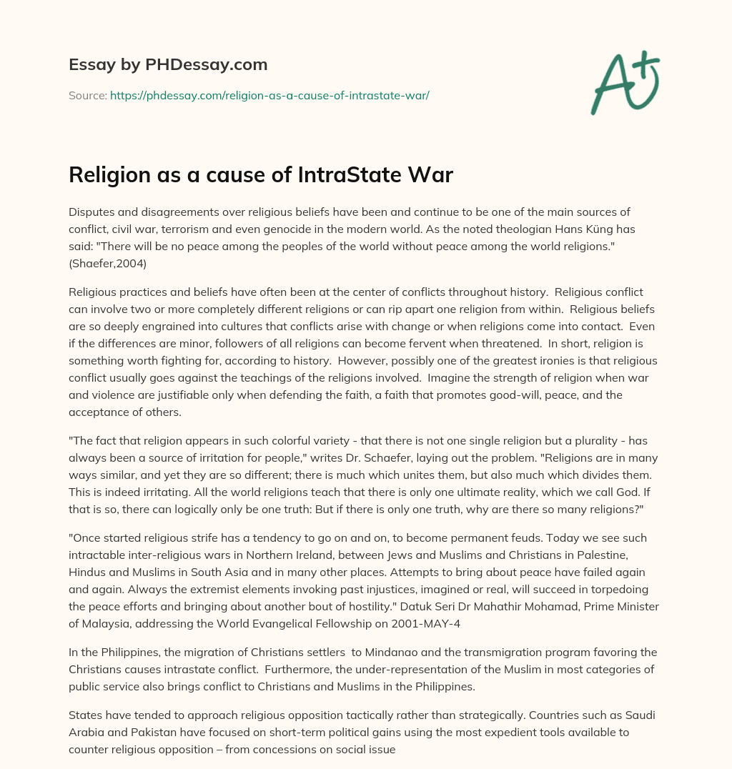 Religion as a cause of IntraState War essay