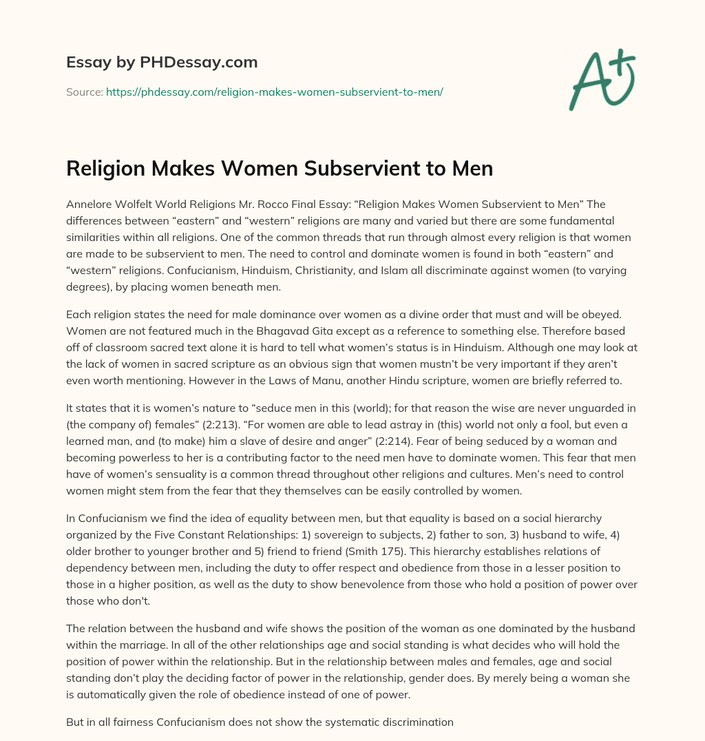 Religion Makes Women Subservient to Men essay