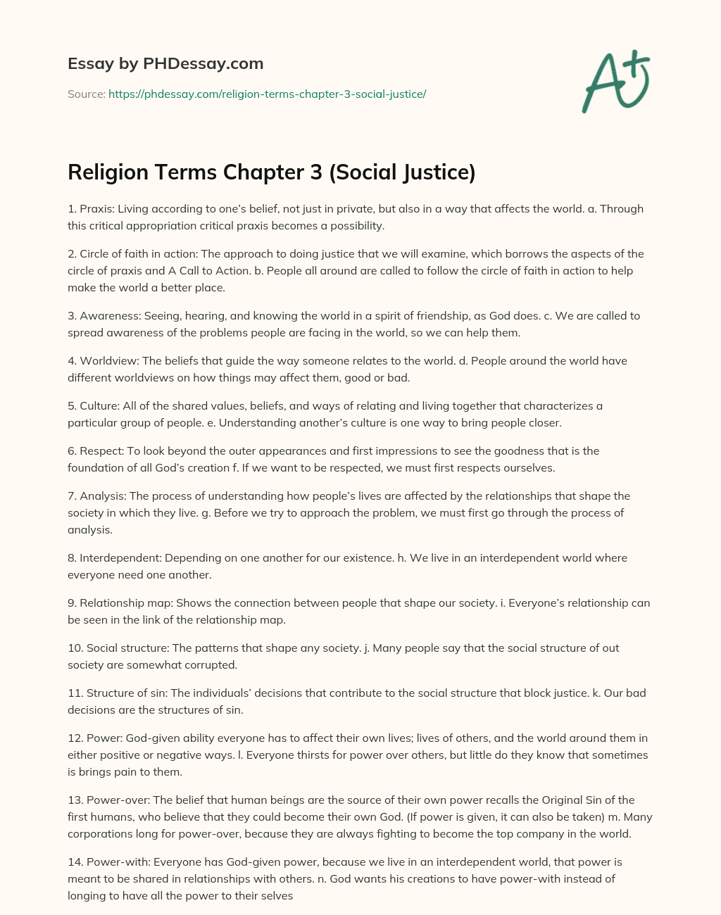 Religion Terms Chapter 3 (Social Justice) essay