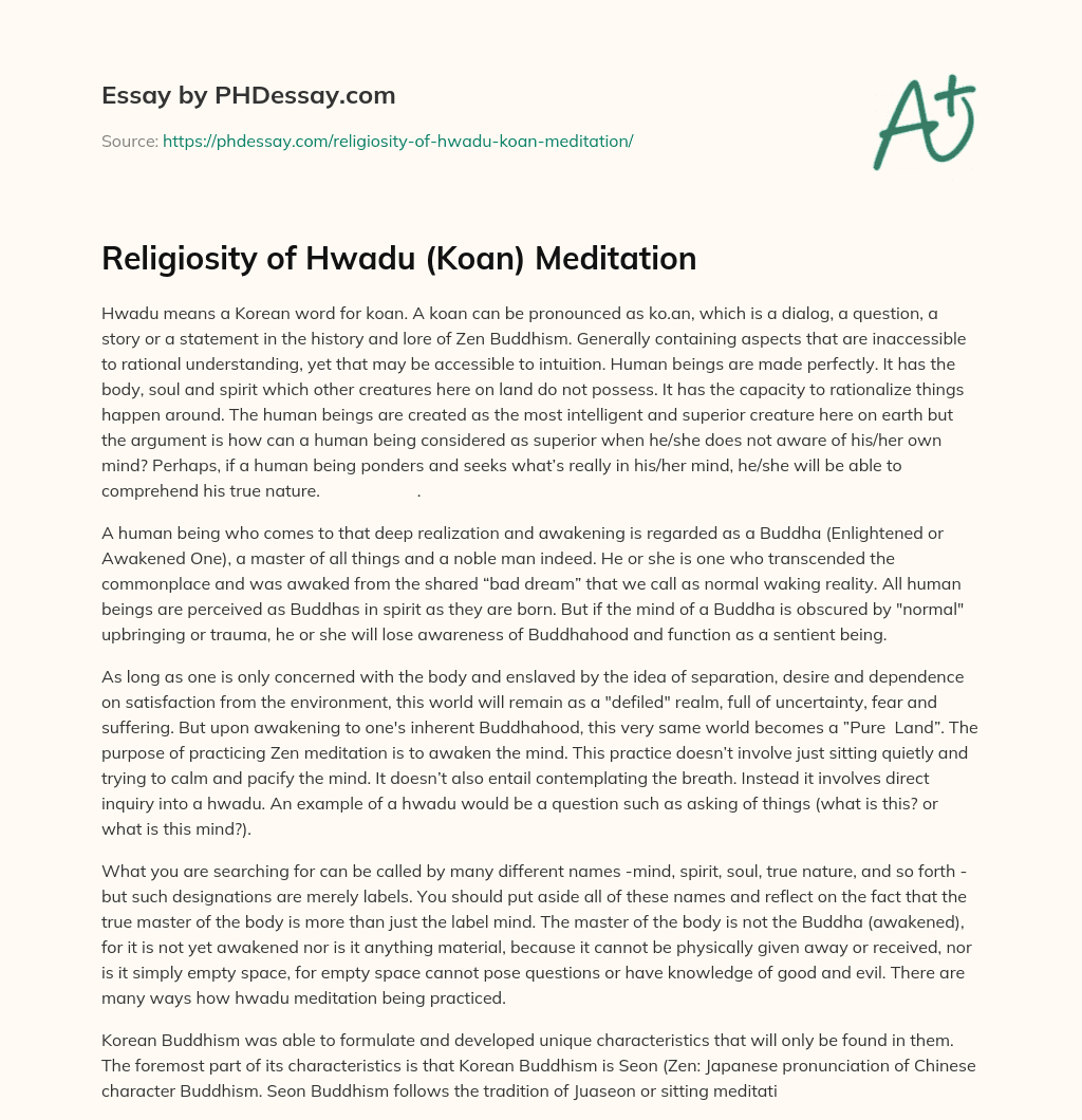 Religiosity of Hwadu (Koan) Meditation essay