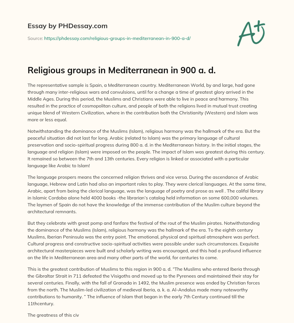 Religious groups in Mediterranean in 900 a. d. essay