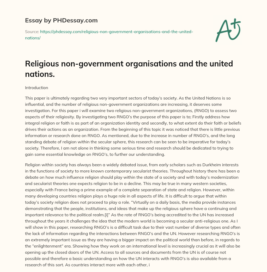 Religious non-government organisations and the united nations. essay