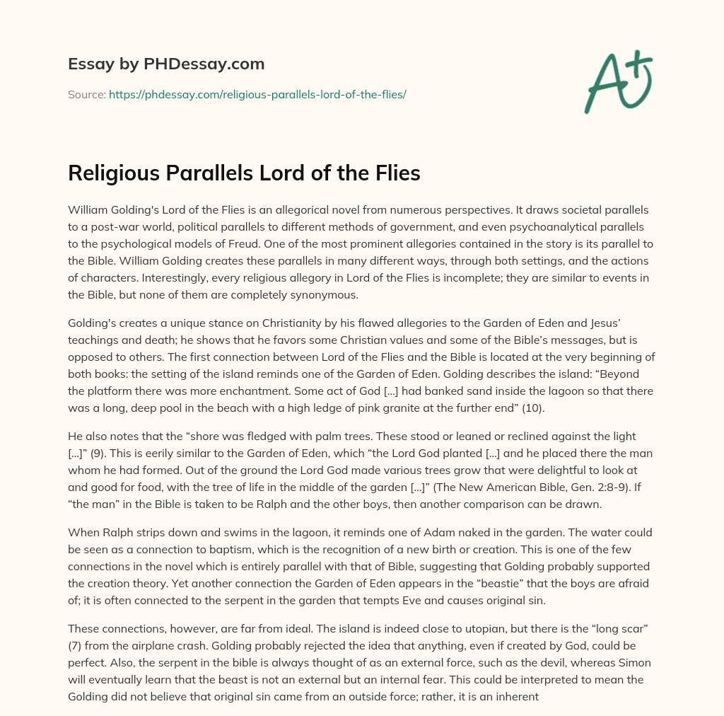 Religious Parallels Lord of the Flies essay