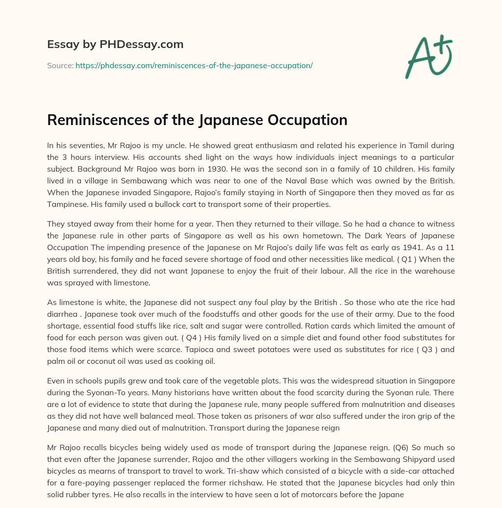 Reminiscences of the Japanese Occupation essay