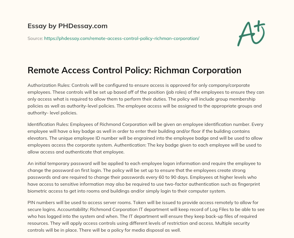 Remote Access Control Policy: Richman Corporation essay