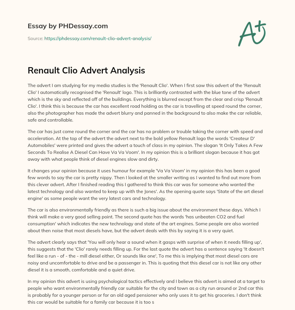 Renault Clio Advert Analysis essay