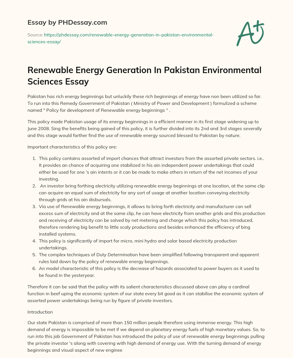 Renewable Energy Generation In Pakistan Environmental Sciences Essay essay
