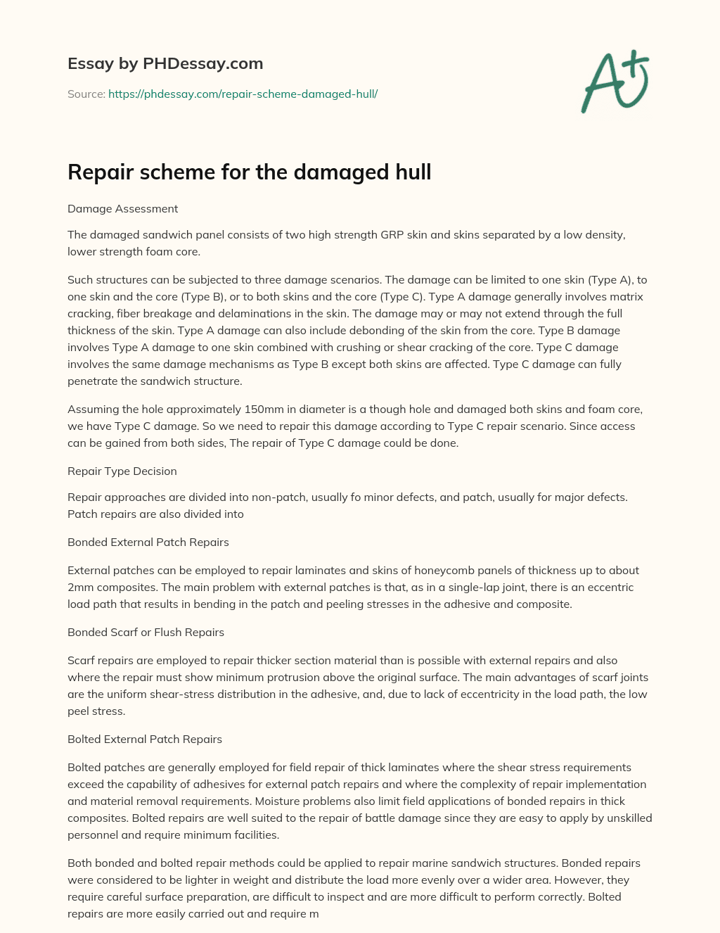 Repair scheme for the damaged hull essay