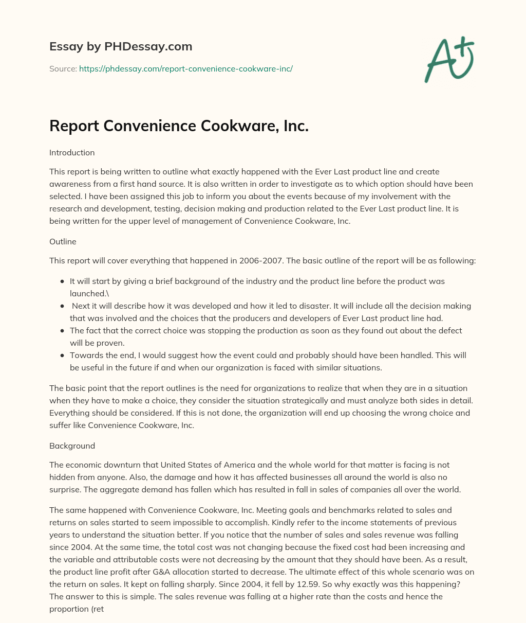 Report Convenience Cookware, Inc. essay