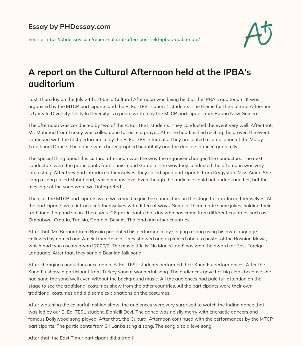 A report on the Cultural Afternoon held at the IPBA’s auditorium essay