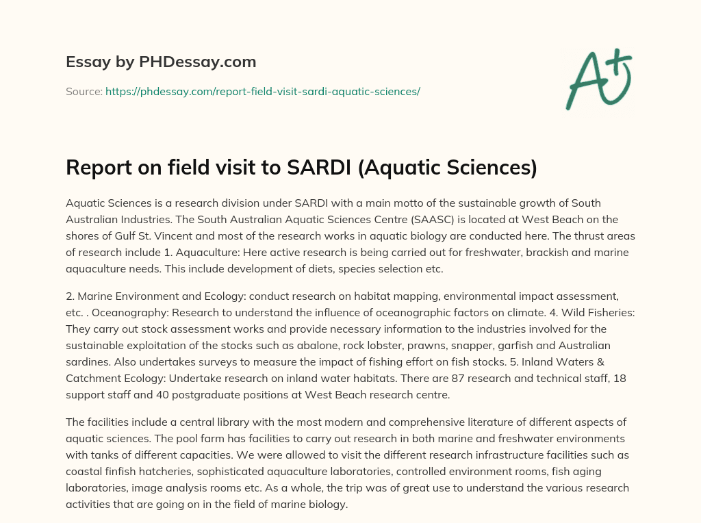 Report on field visit to SARDI (Aquatic Sciences) essay