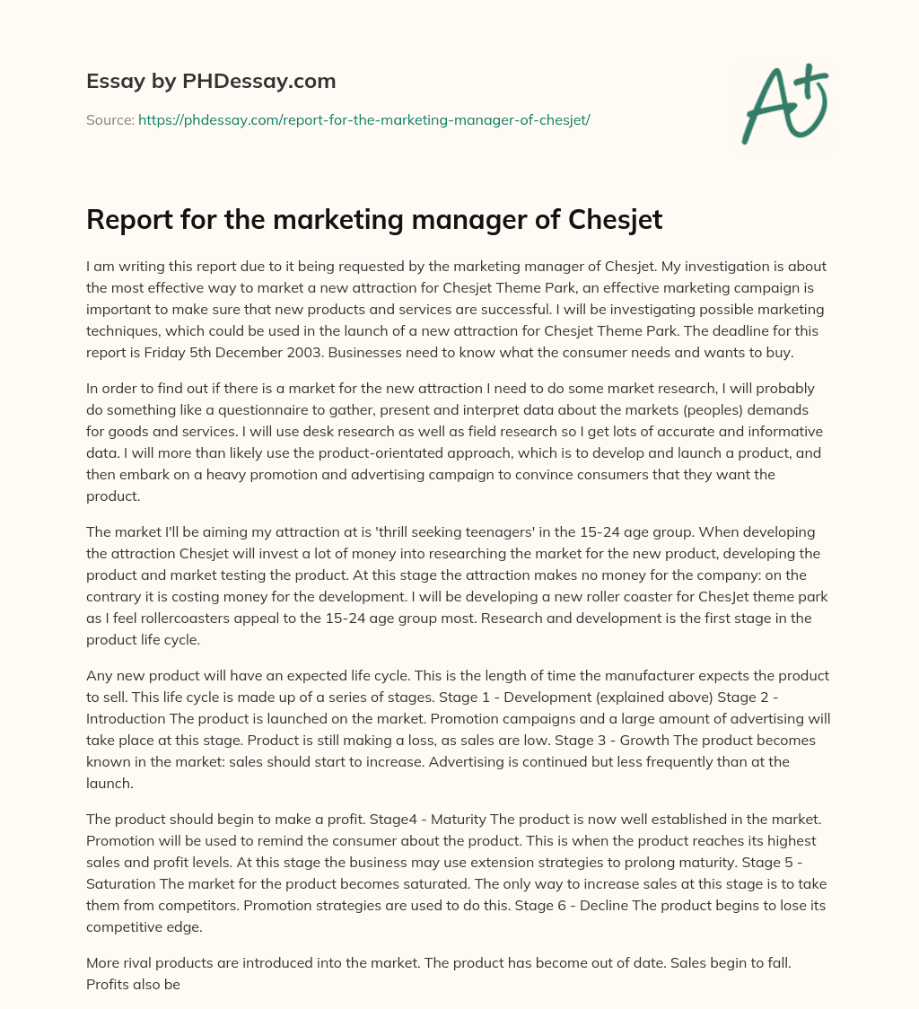 Report for the marketing manager of Chesjet essay