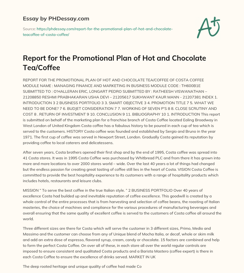 Report for the Promotional Plan of Hot and Chocolate Tea/Coffee essay