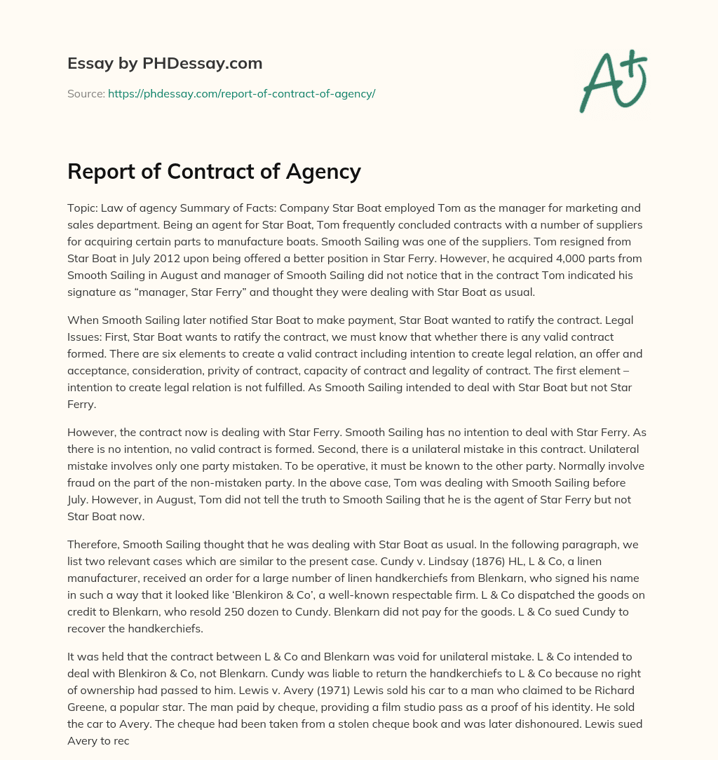 Report of Contract of Agency essay