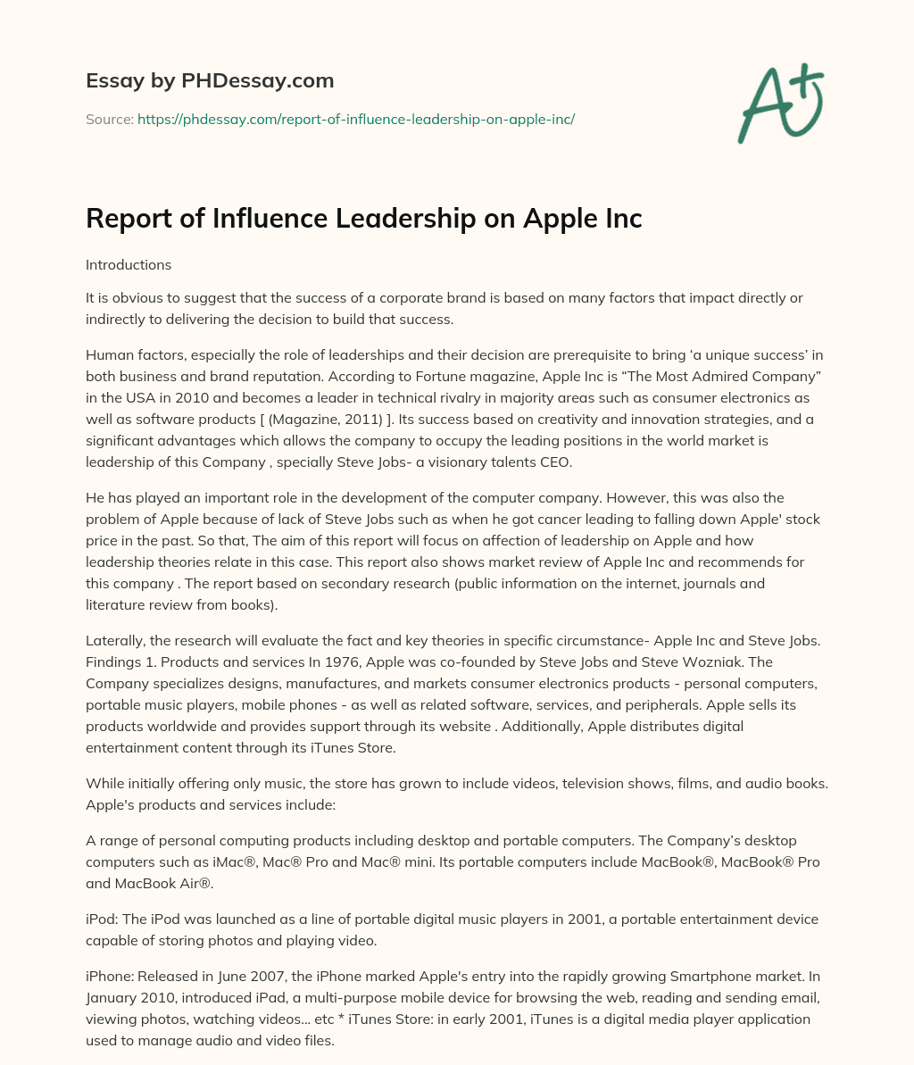 Report of Influence Leadership on Apple Inc essay